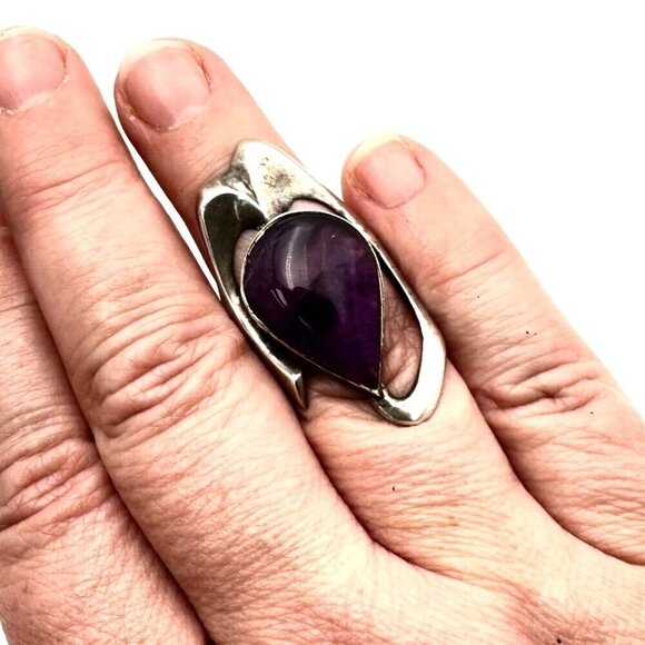 Stunning Vintage Modernist Womens Ring Sterling Silver Amethyst Size 6.5 - Picture 2 of 9